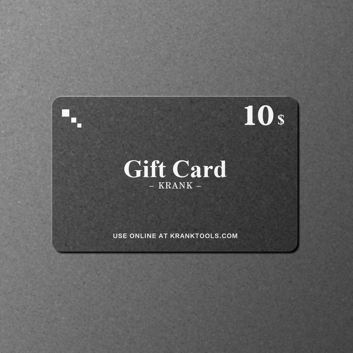 Black gift card with '10s' and 'Krank' text on a gray background