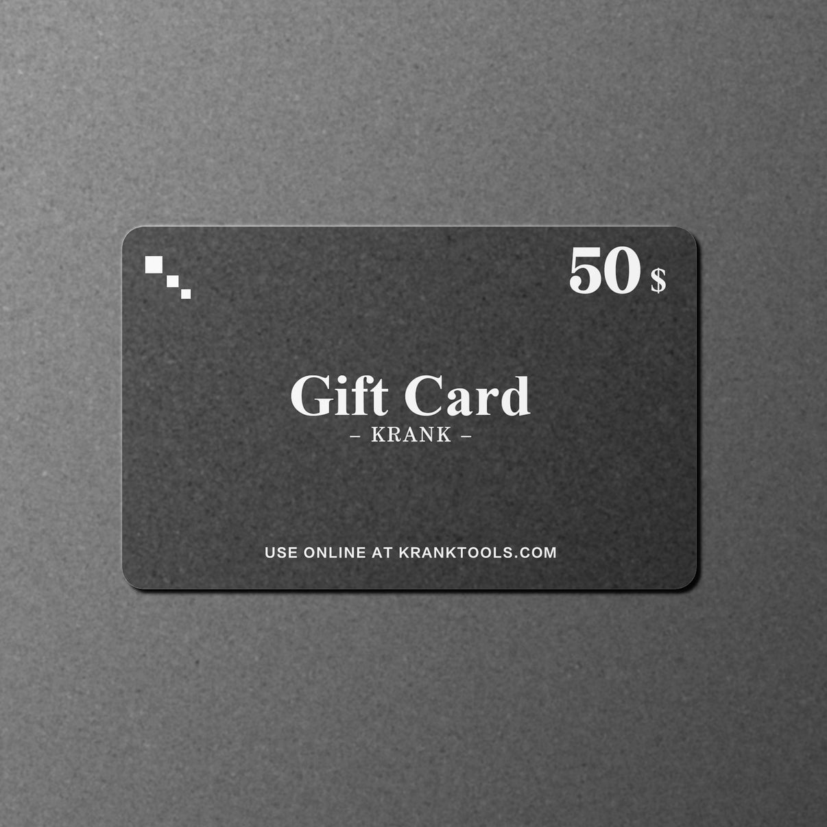 Black gift card with '50s' branding on a gray background